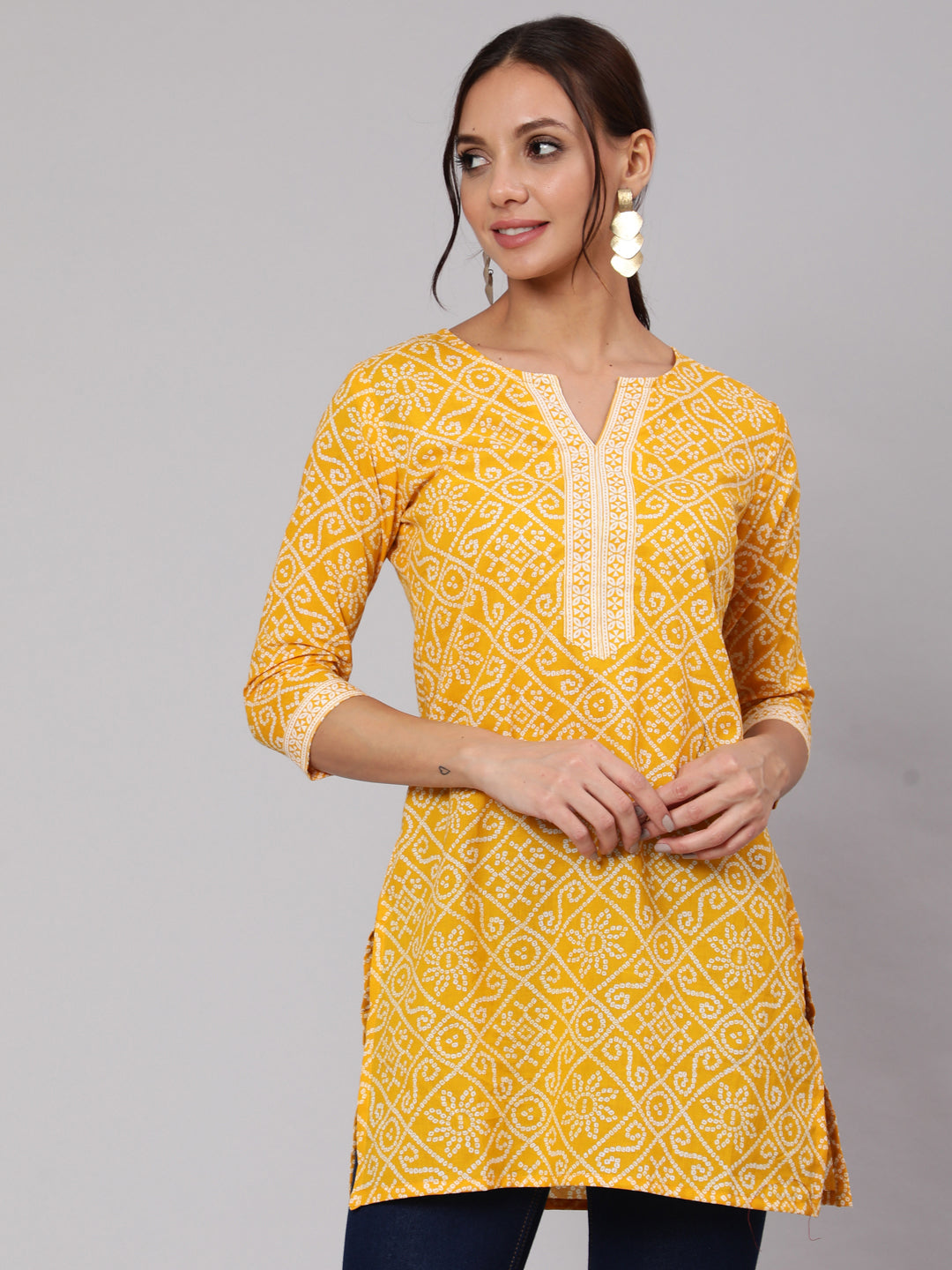 Women Yellow Bandhani Printe Straight Tunic | LASVINI - Redefining Indian Fashion with Elegance