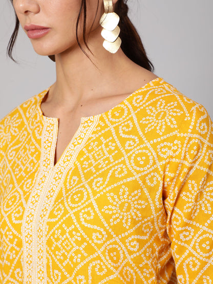 Women Yellow Bandhani Printe Straight Tunic | LASVINI - Redefining Indian Fashion with Elegance