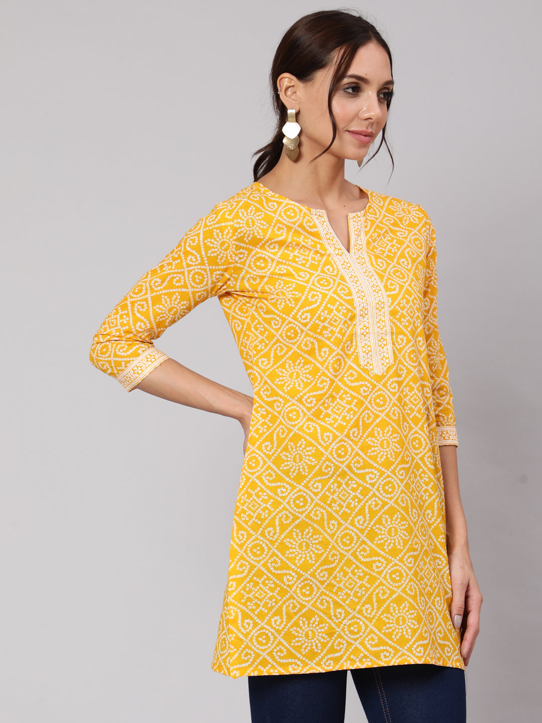 Women Yellow Bandhani Printe Straight Tunic | LASVINI - Redefining Indian Fashion with Elegance