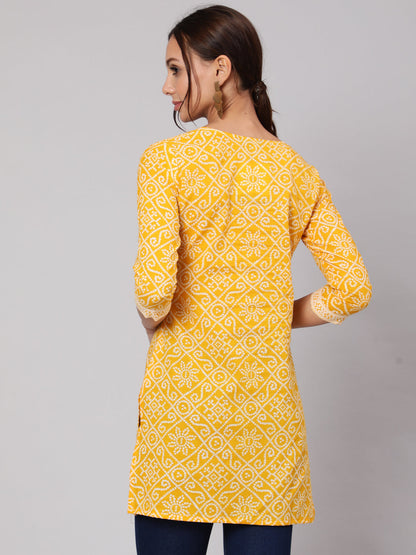Women Yellow Bandhani Printe Straight Tunic | LASVINI - Redefining Indian Fashion with Elegance