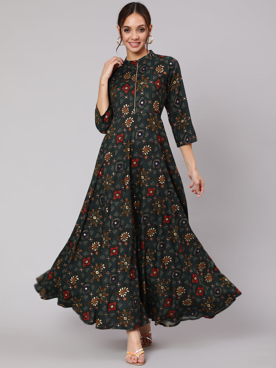 Women Green Ethnic Printed Gathered Dress With Three Quarter Sleeves | LASVINI - Redefining Indian Fashion with Elegance