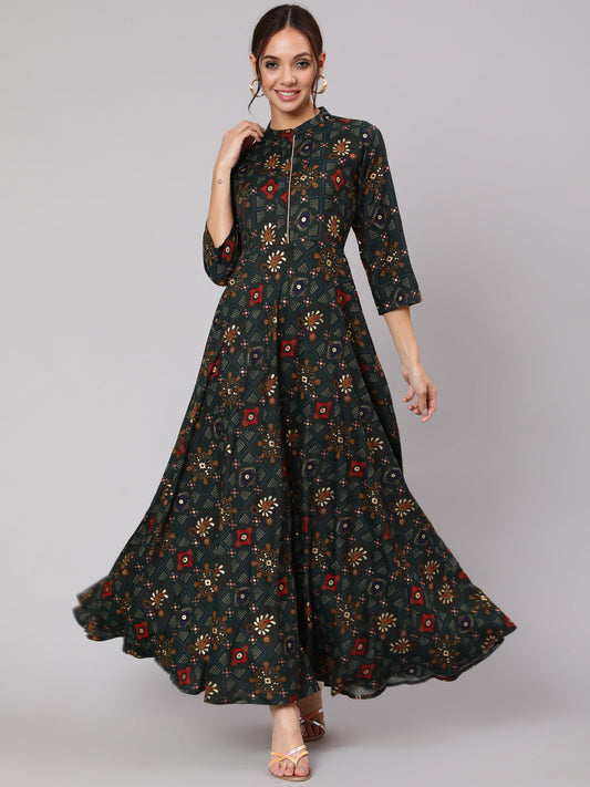 Women Green Ethnic Printed Gathered Dress With Three Quarter Sleeves | LASVINI - Redefining Indian Fashion with Elegance