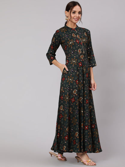 Women Green Ethnic Printed Gathered Dress With Three Quarter Sleeves | LASVINI - Redefining Indian Fashion with Elegance