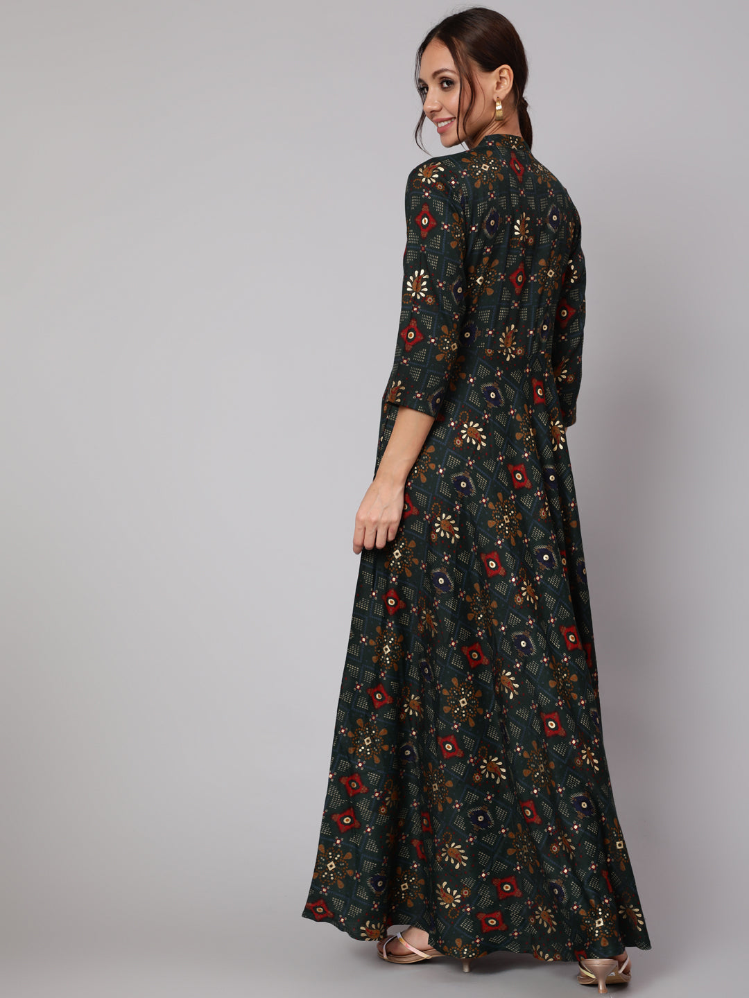 Women Green Ethnic Printed Gathered Dress With Three Quarter Sleeves | LASVINI - Redefining Indian Fashion with Elegance