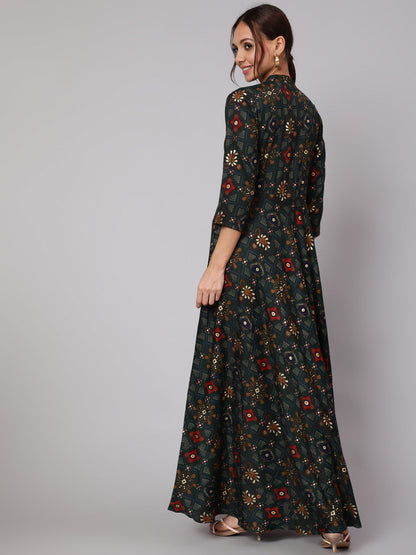 Women Green Ethnic Printed Gathered Dress With Three Quarter Sleeves | LASVINI - Redefining Indian Fashion with Elegance