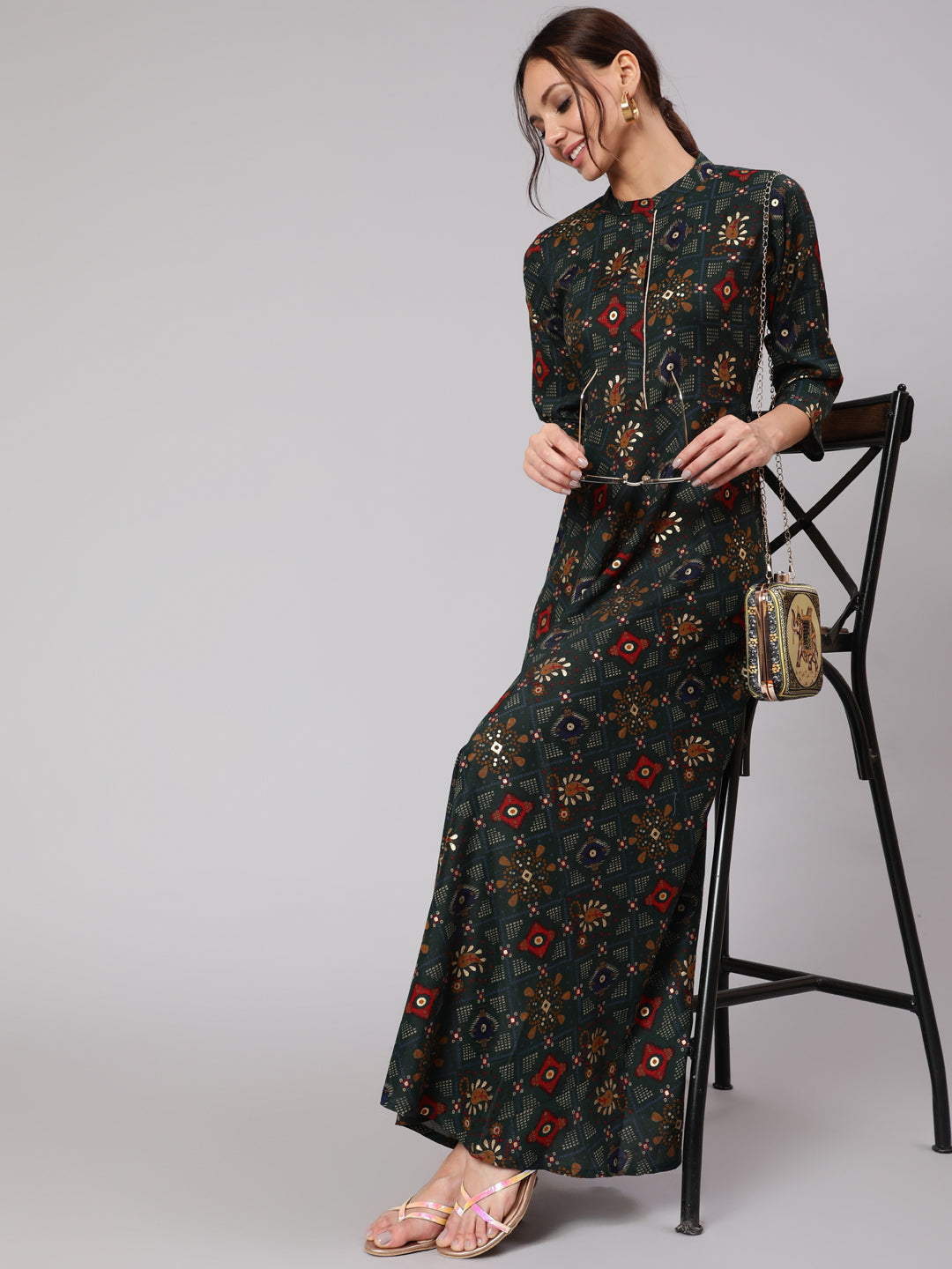 Women Green Ethnic Printed Gathered Dress With Three Quarter Sleeves | LASVINI - Redefining Indian Fashion with Elegance