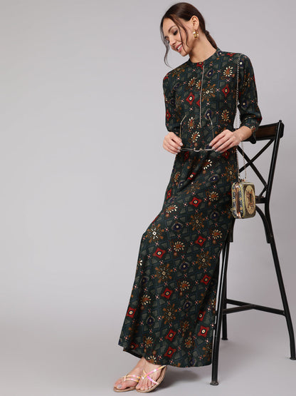 Women Green Ethnic Printed Gathered Dress With Three Quarter Sleeves | LASVINI - Redefining Indian Fashion with Elegance