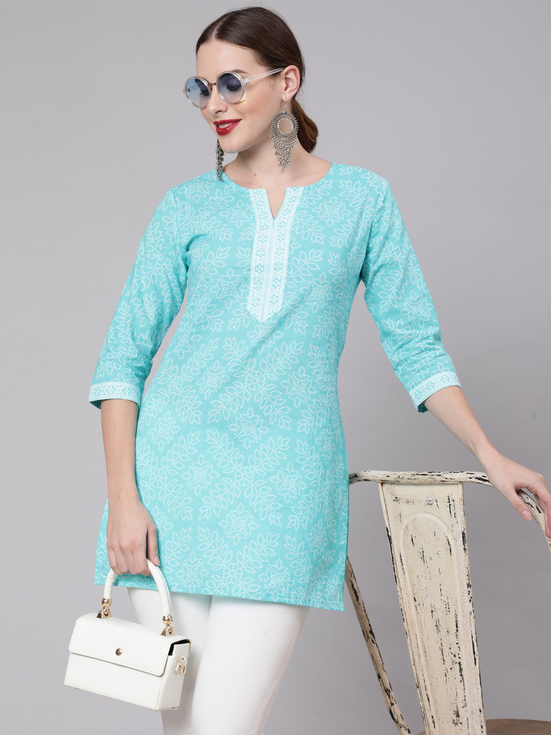 Women Aqua Blue Bandhani Printed Straight Tunic | LASVINI - Redefining Indian Fashion with Elegance