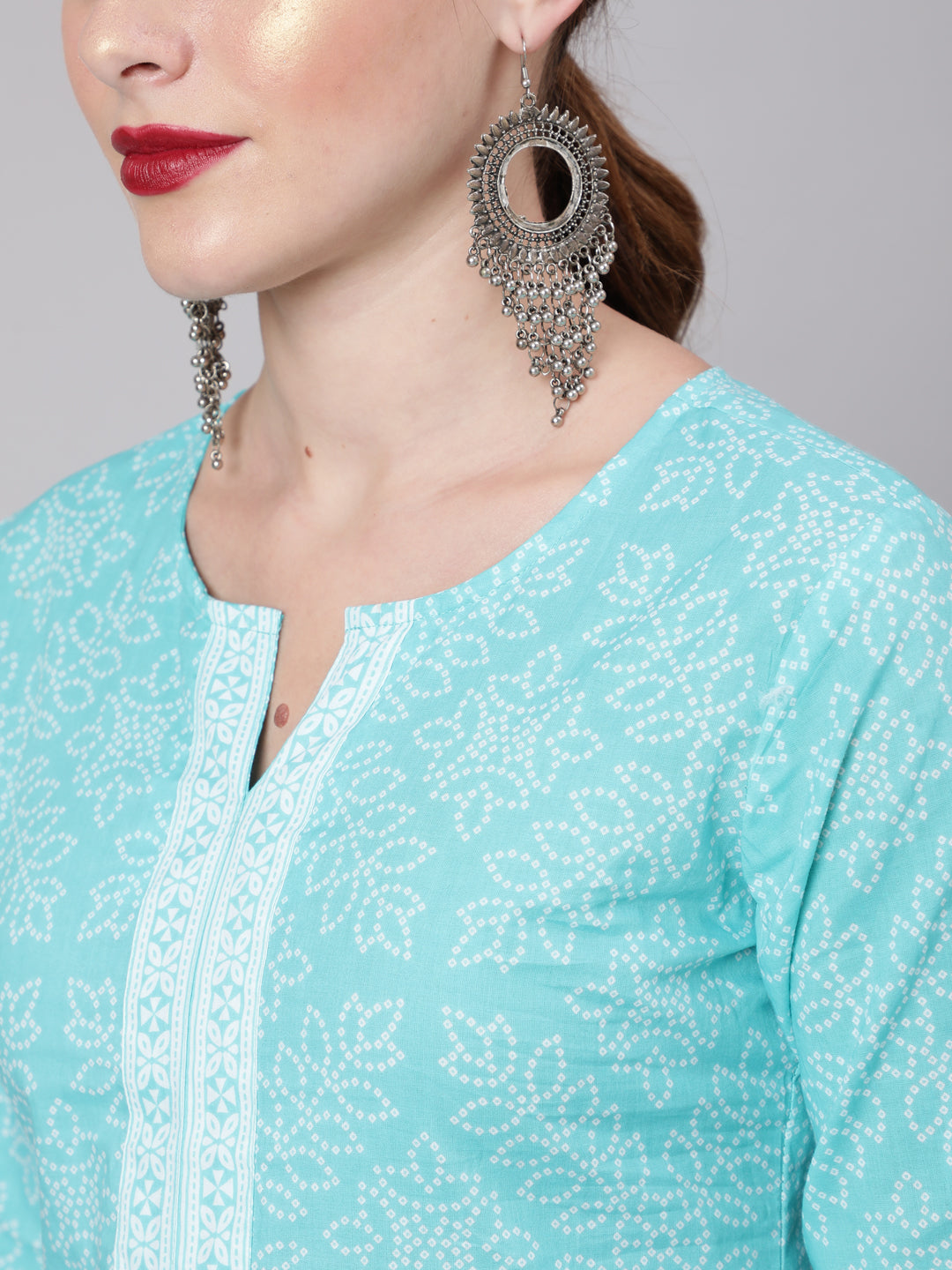 Women Aqua Blue Bandhani Printed Straight Tunic | LASVINI - Redefining Indian Fashion with Elegance
