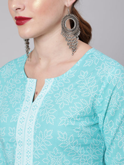 Women Aqua Blue Bandhani Printed Straight Tunic | LASVINI - Redefining Indian Fashion with Elegance
