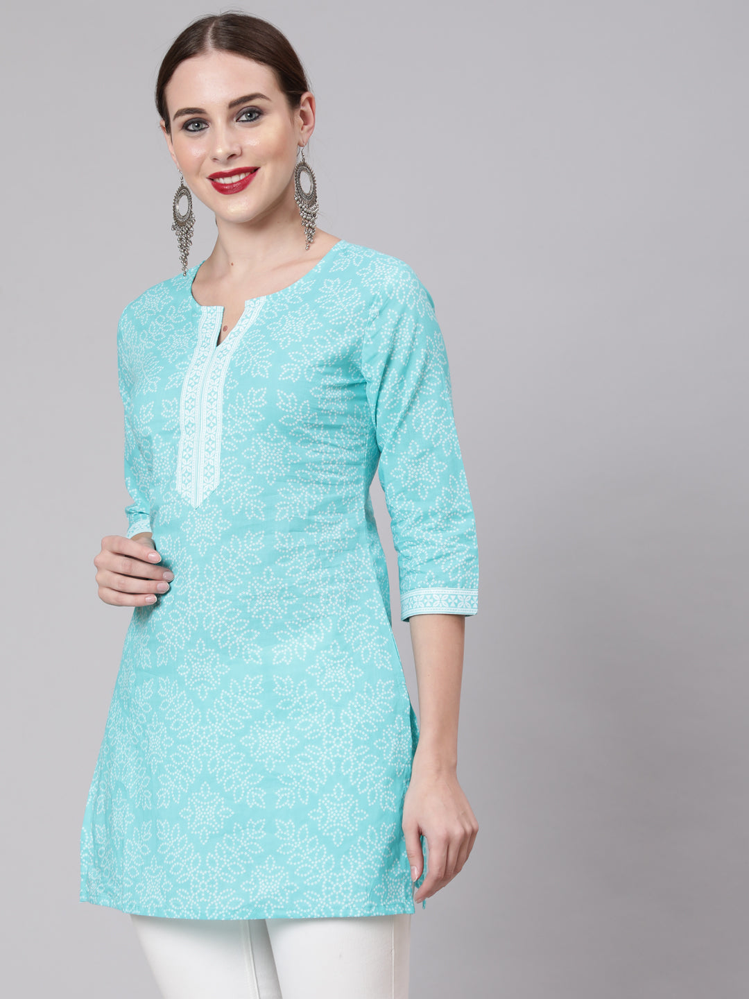 Women Aqua Blue Bandhani Printed Straight Tunic | LASVINI - Redefining Indian Fashion with Elegance