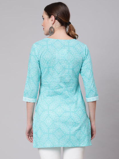 Women Aqua Blue Bandhani Printed Straight Tunic | LASVINI - Redefining Indian Fashion with Elegance