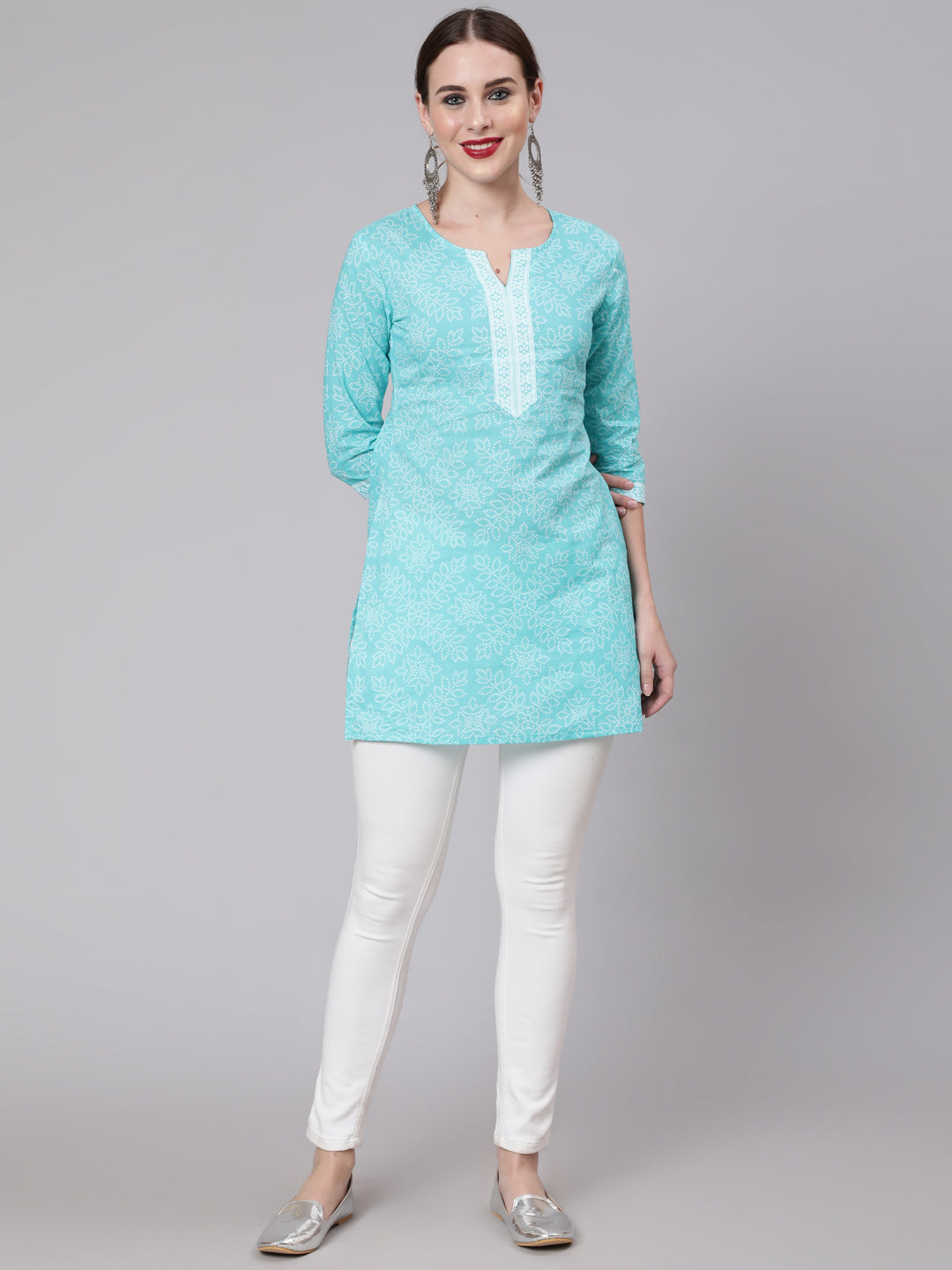 Women Aqua Blue Bandhani Printed Straight Tunic | LASVINI - Redefining Indian Fashion with Elegance
