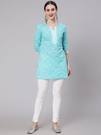 Women Aqua Blue Bandhani Printed Straight Tunic | LASVINI - Redefining Indian Fashion with Elegance