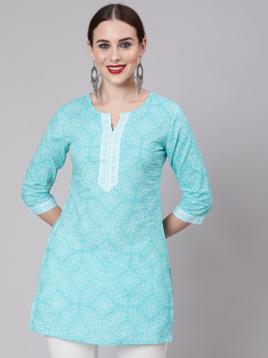 Women Aqua Blue Bandhani Printed Straight Tunic | LASVINI - Redefining Indian Fashion with Elegance
