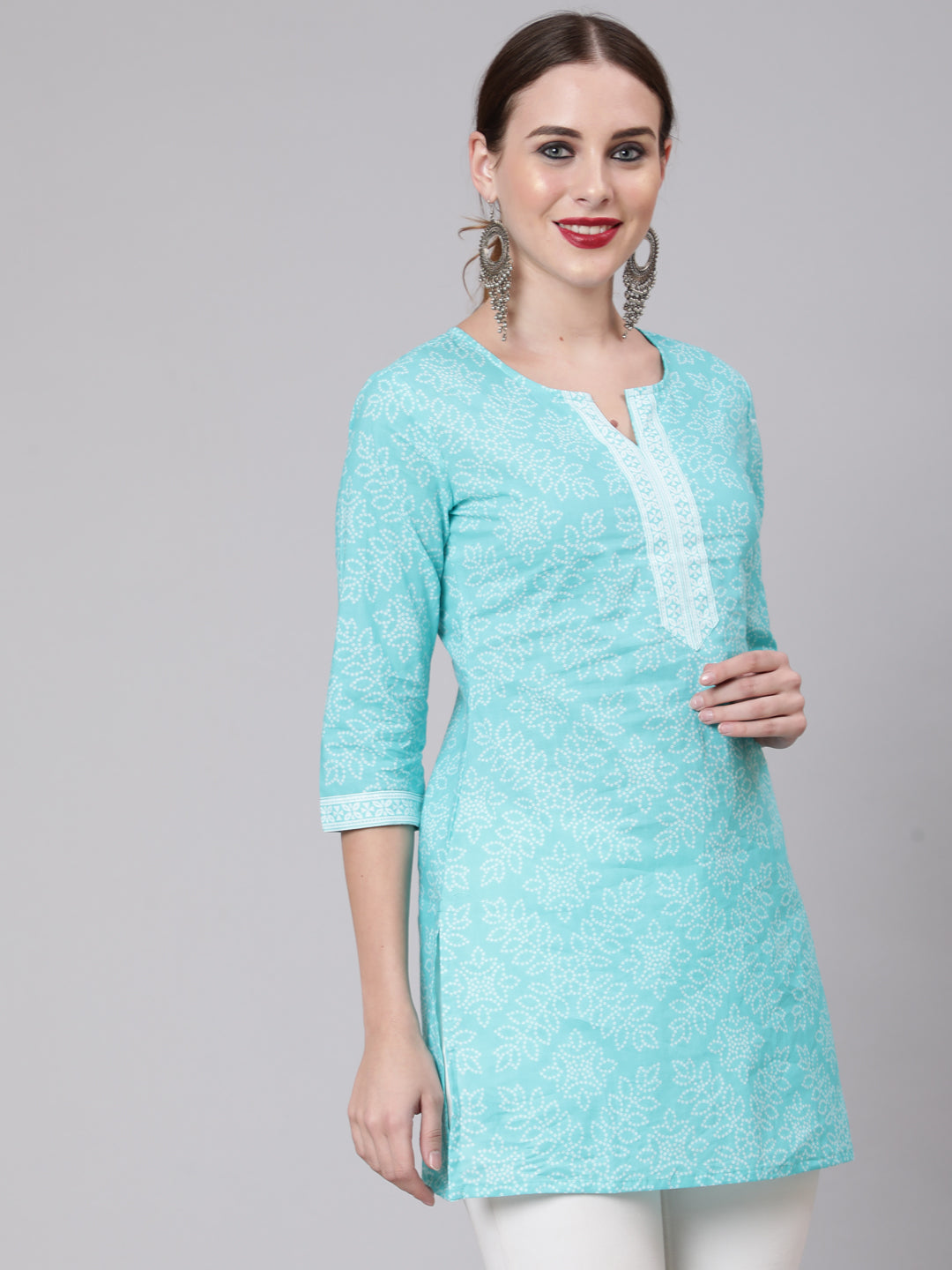 Women Aqua Blue Bandhani Printed Straight Tunic | LASVINI - Redefining Indian Fashion with Elegance