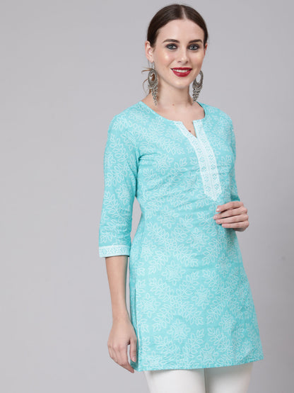 Women Aqua Blue Bandhani Printed Straight Tunic | LASVINI - Redefining Indian Fashion with Elegance