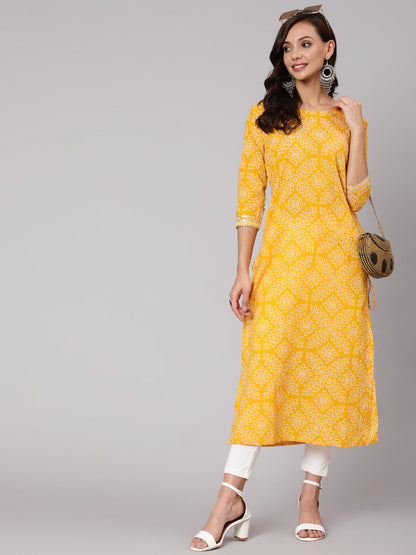 Women Yellow Bandhani Printed Straight Kurta With Three Quarter Sleeves | LASVINI - Redefining Indian Fashion with Elegance