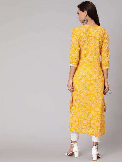 Women Yellow Bandhani Printed Straight Kurta With Three Quarter Sleeves | LASVINI - Redefining Indian Fashion with Elegance