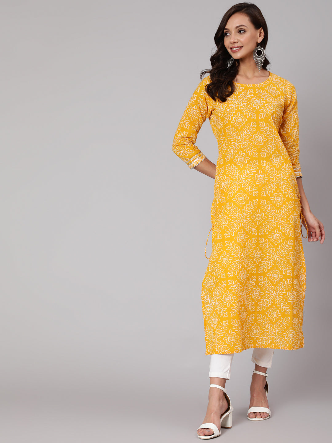 Women Yellow Bandhani Printed Straight Kurta With Three Quarter Sleeves | LASVINI - Redefining Indian Fashion with Elegance