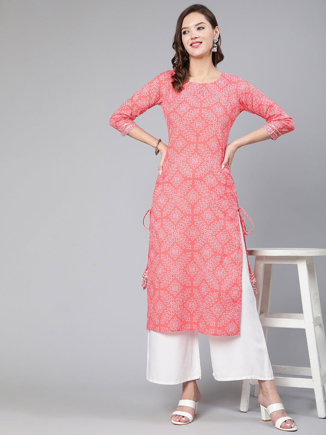Women Pink Bandhani Printed Straight Kurta With Three Quarter Sleeves | LASVINI - Redefining Indian Fashion with Elegance