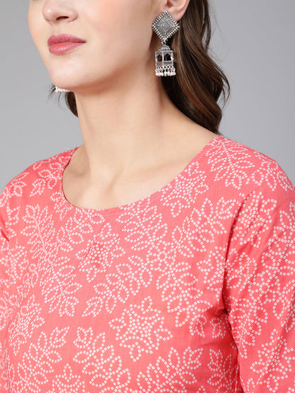 Women Pink Bandhani Printed Straight Kurta With Three Quarter Sleeves | LASVINI - Redefining Indian Fashion with Elegance