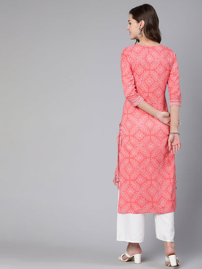 Women Pink Bandhani Printed Straight Kurta With Three Quarter Sleeves | LASVINI - Redefining Indian Fashion with Elegance