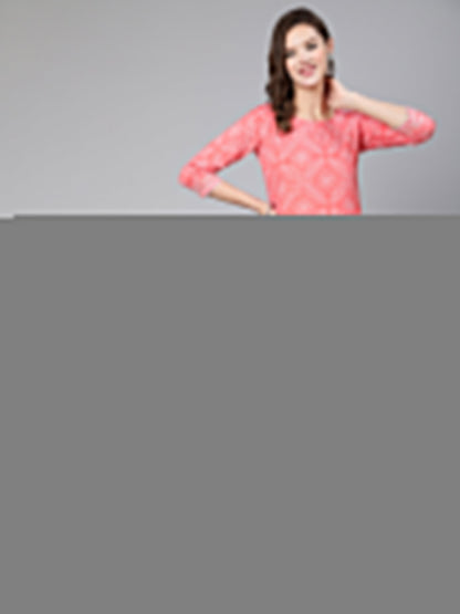 Women Pink Bandhani Printed Straight Kurta With Three Quarter Sleeves | LASVINI - Redefining Indian Fashion with Elegance