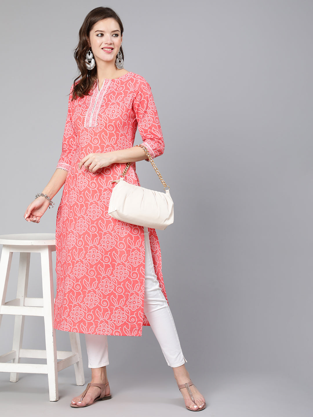 Women Pink Bandhani Printed Straight Kurta With Three Quarter Sleeves | LASVINI - Redefining Indian Fashion with Elegance