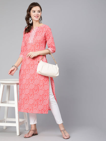 Women Pink Bandhani Printed Straight Kurta With Three Quarter Sleeves | LASVINI - Redefining Indian Fashion with Elegance