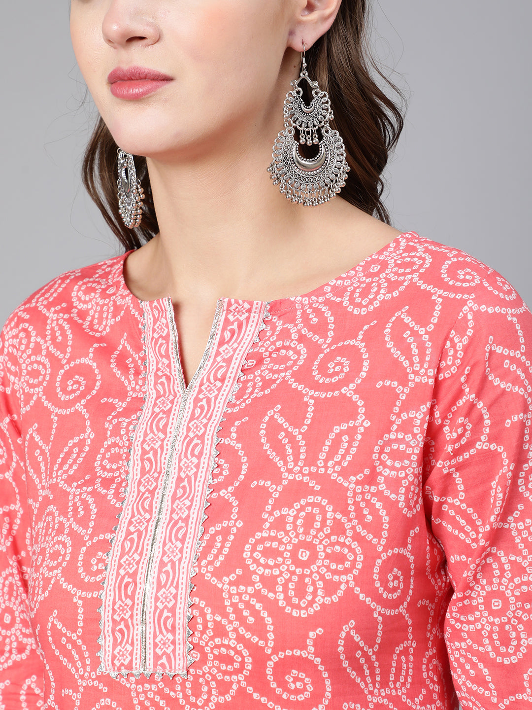 Women Pink Bandhani Printed Straight Kurta With Three Quarter Sleeves | LASVINI - Redefining Indian Fashion with Elegance