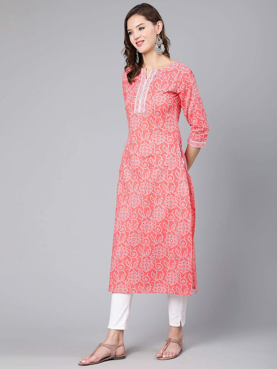 Women Pink Bandhani Printed Straight Kurta With Three Quarter Sleeves | LASVINI - Redefining Indian Fashion with Elegance