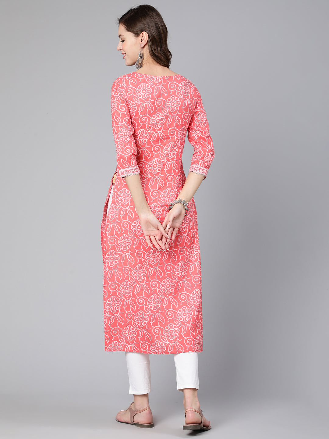 Women Pink Bandhani Printed Straight Kurta With Three Quarter Sleeves | LASVINI - Redefining Indian Fashion with Elegance