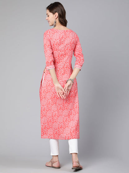 Women Pink Bandhani Printed Straight Kurta With Three Quarter Sleeves | LASVINI - Redefining Indian Fashion with Elegance