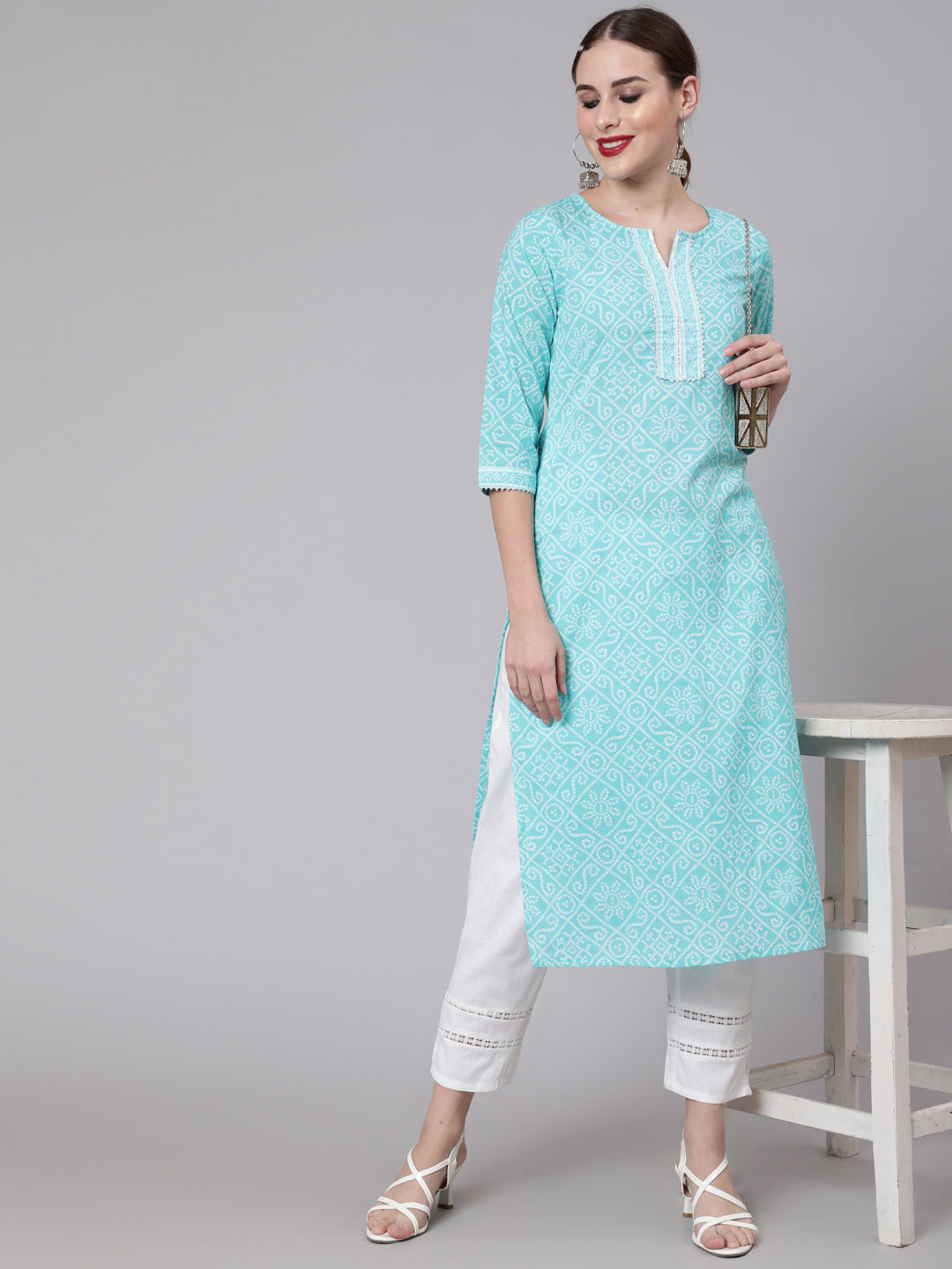 Women Aqua Blue Bandhani Printed Straight Kurta With Three Quarter Sleeves | LASVINI - Redefining Indian Fashion with Elegance