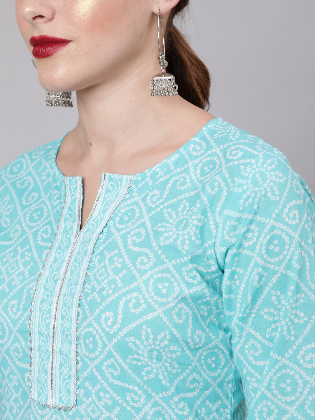 Women Aqua Blue Bandhani Printed Straight Kurta With Three Quarter Sleeves | LASVINI - Redefining Indian Fashion with Elegance