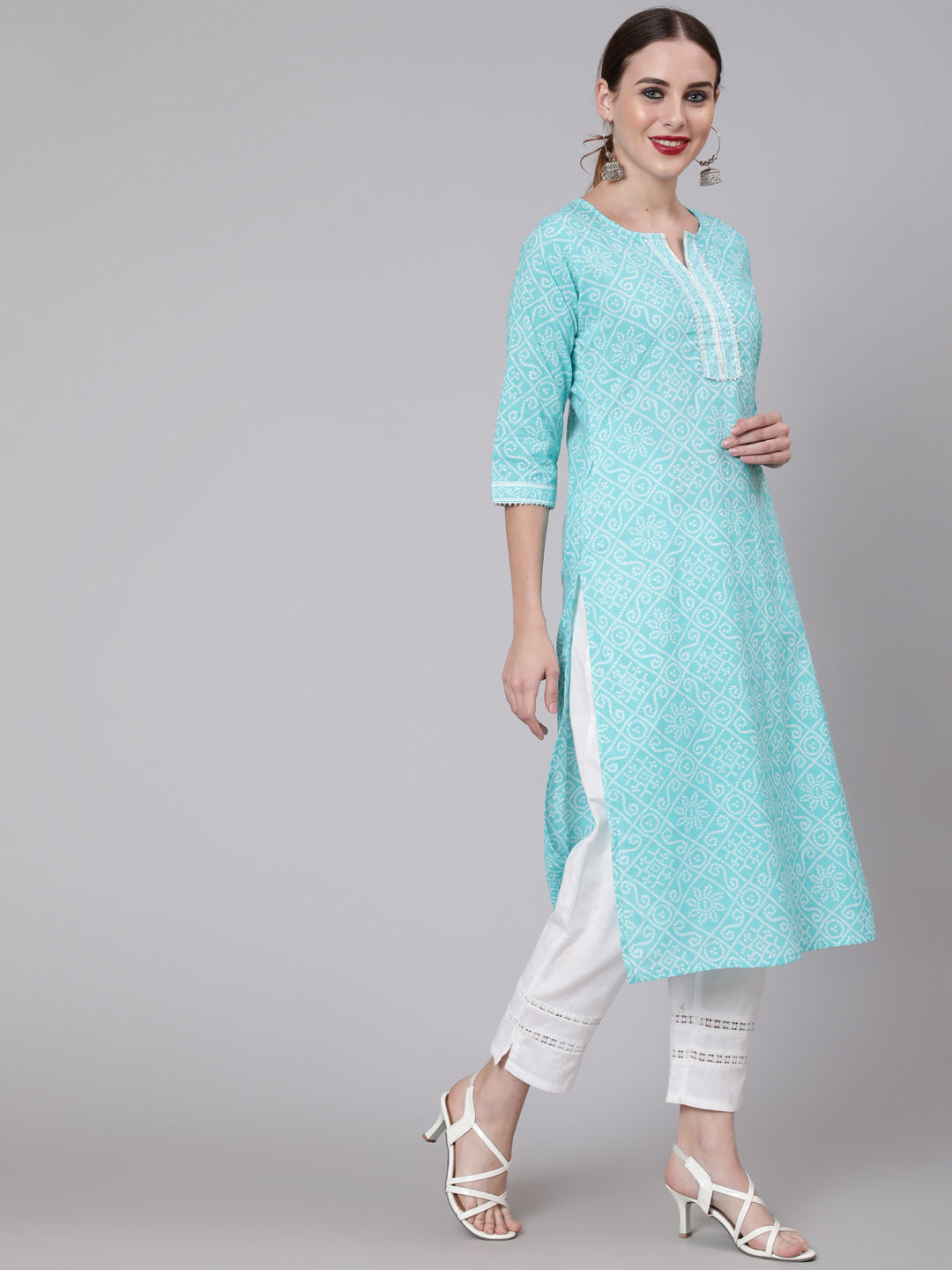 Women Aqua Blue Bandhani Printed Straight Kurta With Three Quarter Sleeves | LASVINI - Redefining Indian Fashion with Elegance