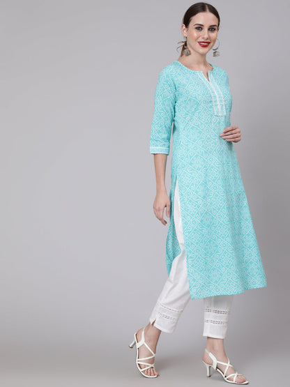 Women Aqua Blue Bandhani Printed Straight Kurta With Three Quarter Sleeves | LASVINI - Redefining Indian Fashion with Elegance