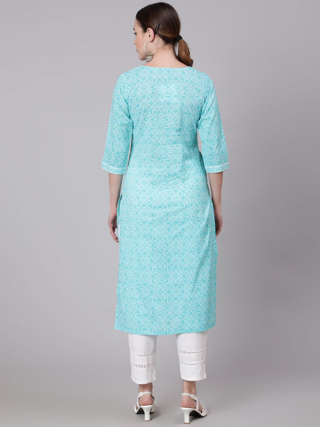Women Aqua Blue Bandhani Printed Straight Kurta With Three Quarter Sleeves | LASVINI - Redefining Indian Fashion with Elegance