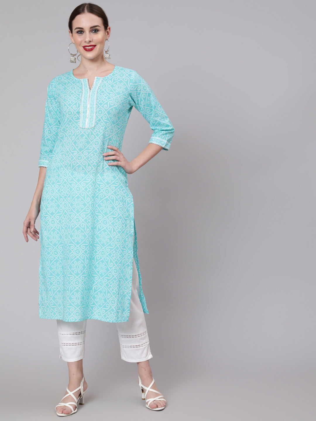 Women Aqua Blue Bandhani Printed Straight Kurta With Three Quarter Sleeves | LASVINI - Redefining Indian Fashion with Elegance