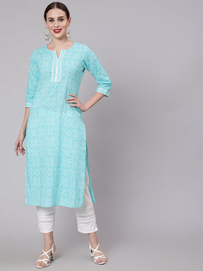 Women Aqua Blue Bandhani Printed Straight Kurta With Three Quarter Sleeves | LASVINI - Redefining Indian Fashion with Elegance