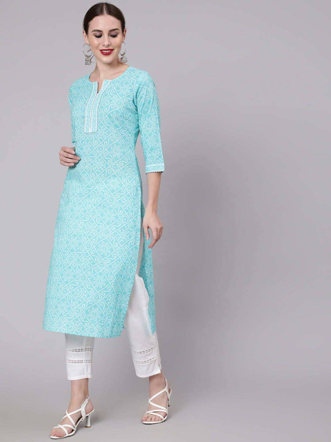 Women Aqua Blue Bandhani Printed Straight Kurta With Three Quarter Sleeves | LASVINI - Redefining Indian Fashion with Elegance