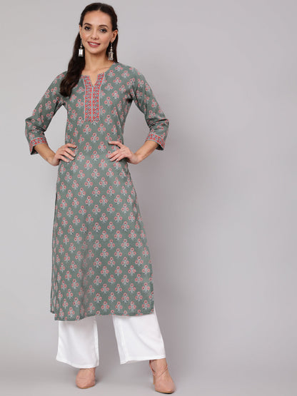 Women Grey Floral Printed Straight Kurta With Three Quarter Sleeves | LASVINI - Redefining Indian Fashion with Elegance