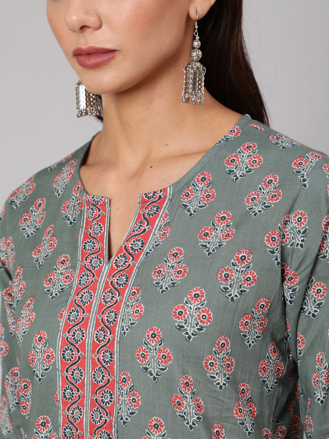 Women Grey Floral Printed Straight Kurta With Three Quarter Sleeves | LASVINI - Redefining Indian Fashion with Elegance