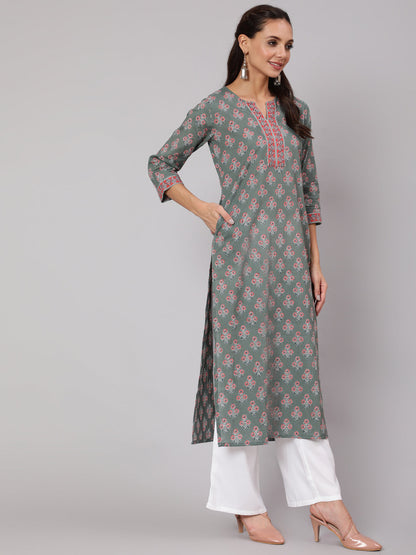 Women Grey Floral Printed Straight Kurta With Three Quarter Sleeves | LASVINI - Redefining Indian Fashion with Elegance