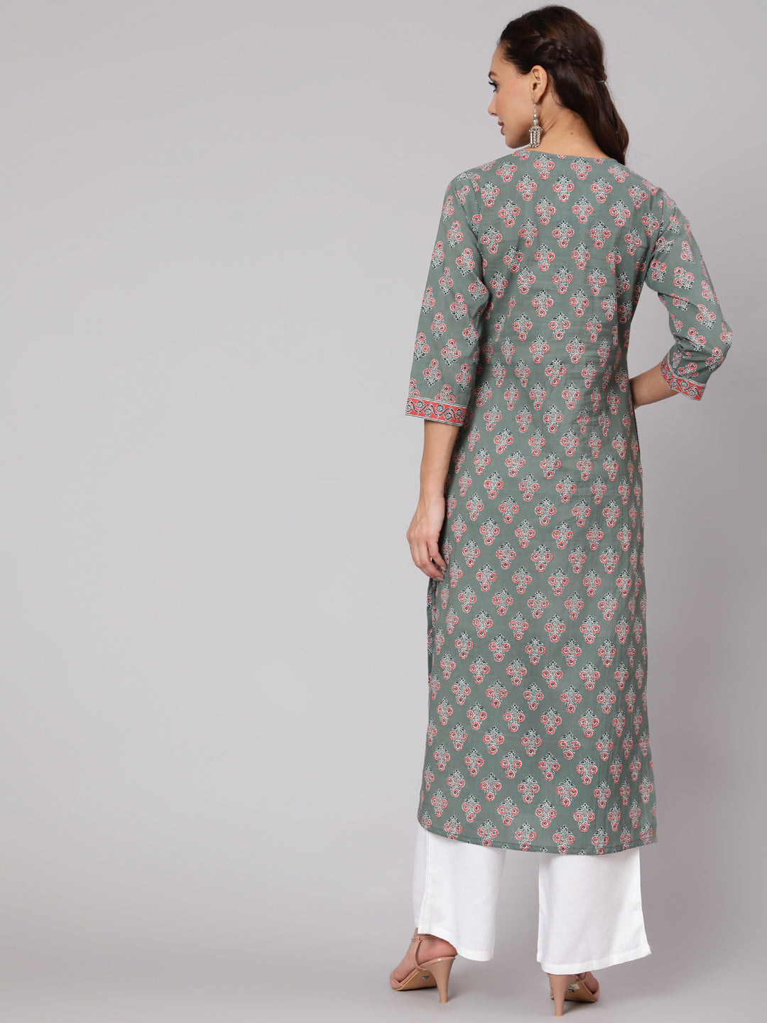 Women Grey Floral Printed Straight Kurta With Three Quarter Sleeves | LASVINI - Redefining Indian Fashion with Elegance