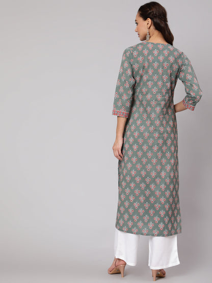 Women Grey Floral Printed Straight Kurta With Three Quarter Sleeves | LASVINI - Redefining Indian Fashion with Elegance