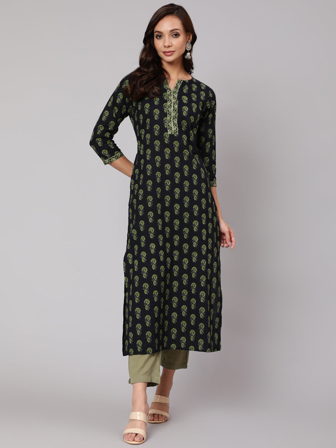Women Blue Ethnic Printed Straight Kurta With Three Quarter Sleeves | LASVINI - Redefining Indian Fashion with Elegance