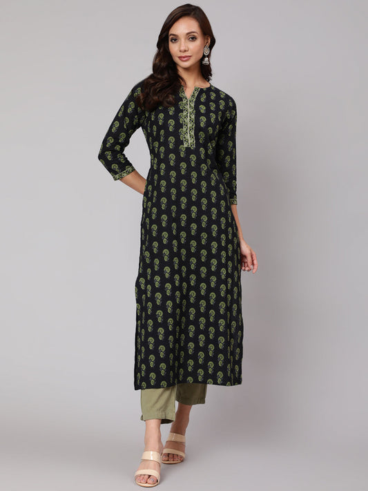 Women Blue Ethnic Printed Straight Kurta With Three Quarter Sleeves | LASVINI - Redefining Indian Fashion with Elegance