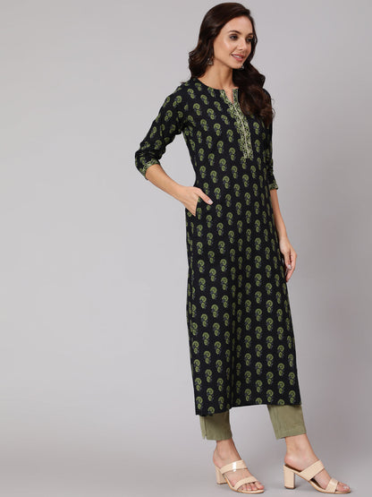 Women Blue Ethnic Printed Straight Kurta With Three Quarter Sleeves | LASVINI - Redefining Indian Fashion with Elegance